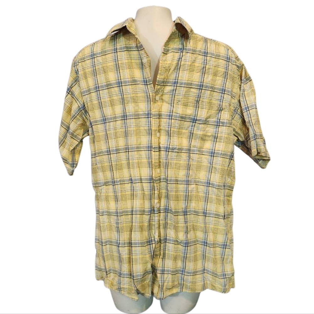 Men's Classic Blues Yellow Plaid Button‎ Down Shirt Size Medium